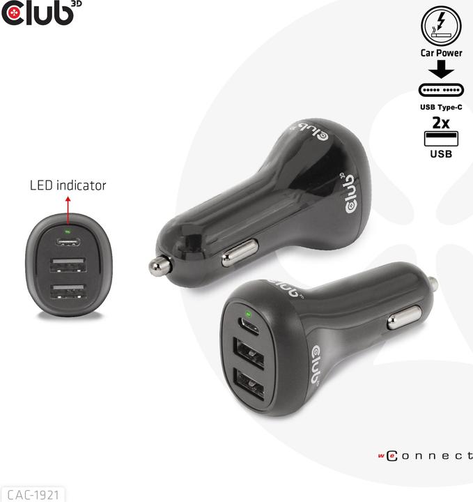 Actual product image Club 3D Club3D USB Car Charger 1xUSB C, 2xUSB A, 36W, 12/24V retail