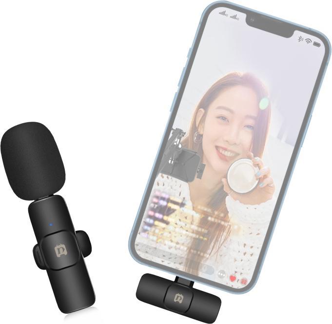 Actual product image Puluz Wireless Lavalier Noise Reduction Reverb Microphone for 8-Pin Device, Support Phone Charging (Black)