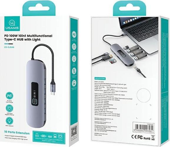 Productafbeelding Usams US-SJ644 PD100W 10in1 Multifunctionele Type-C HUB met licht (Type-C naar (USB-C, 10 Havens)