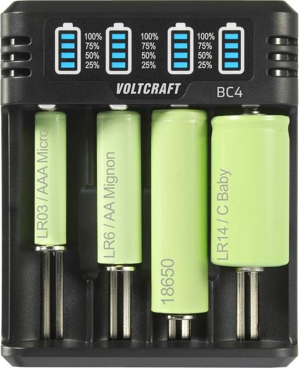 Actual product image Voltcraft BC4 round cell charger LiIon, NiMH Mignon (AA), Micro (AAA), Baby (C (1 pcs., 10440, 16340, 17335, 17500, 17670, 18490, 18650, 21700, 22650, 26500, 26650, AAA, RCR123A, AA, Sub-C, Chargers without battery)