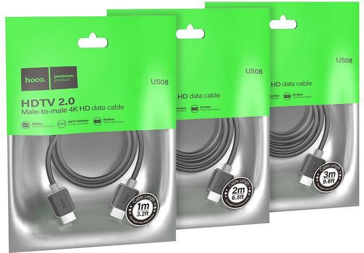 Produktbild Hoco - Video Cable HDTV2.0 (US08) - HDMI to HDMI, 4K 60Hz, HDTV2.0, 18Gbps, 2m - Black (2 m, HDMI)