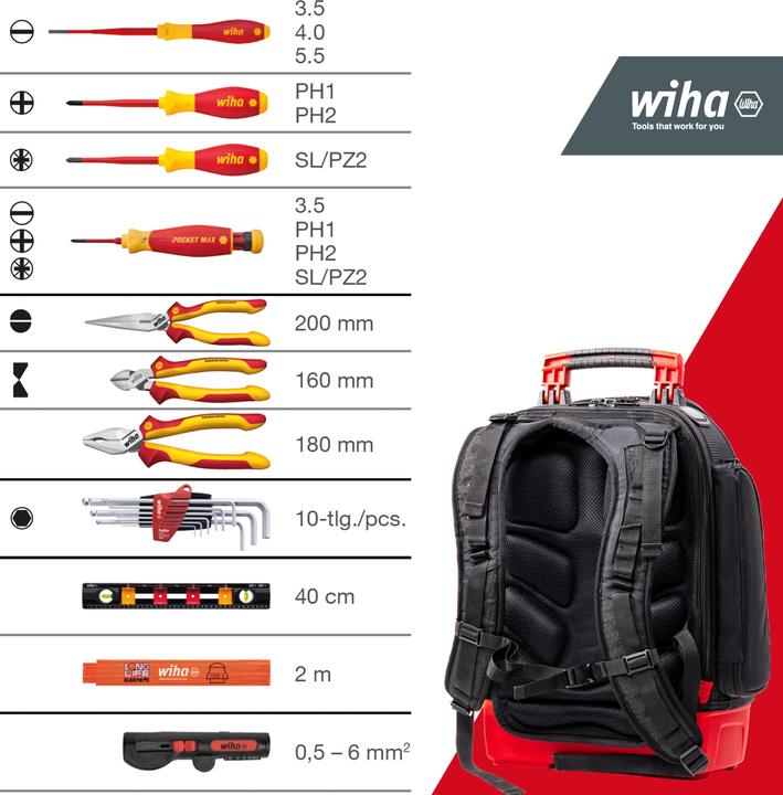 Produktbild Wiha Elektriker Werkzeugrucksack 27tlg Elektriker Grundausstattung stabiler Standboden Laptopfach (27 Teile)