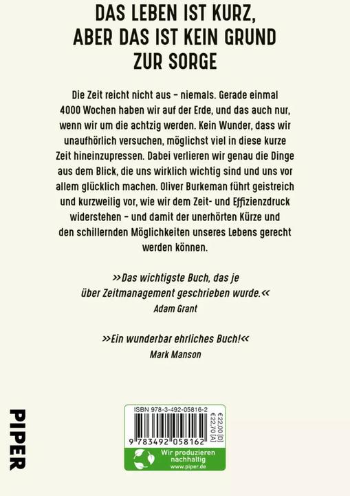 Immagine prodotto 4000 Wochen (Tedesco, Oliver Burkeman, 2022)