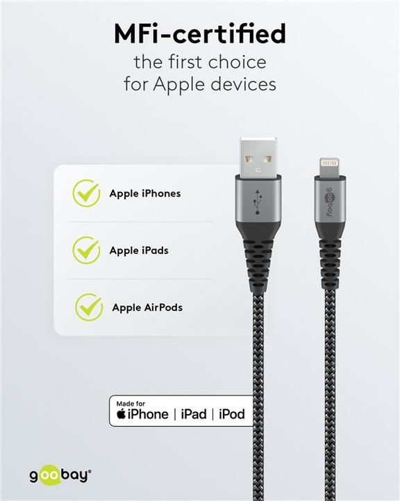 Produktbild Goobay Lightning auf USB-A Textilkabel mit Metallsteckern (space grau/silber) 1 m, 1 m, Schwarz-Grau (1 m, USB 2.0)