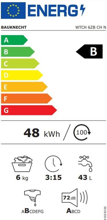 Etichetta energetica Bauknecht Wtch 6zb Ch N (6 kg, Verso l'alto, Spina UE)