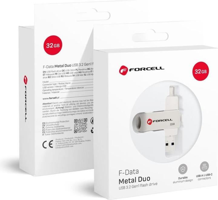 Produktbild Forcell Memory cards F-DATA pendrive Metal Duo 32GB USB3.2 Gen 1 (USB A / Type C) silver (32 GB, USB-A, USB-C)