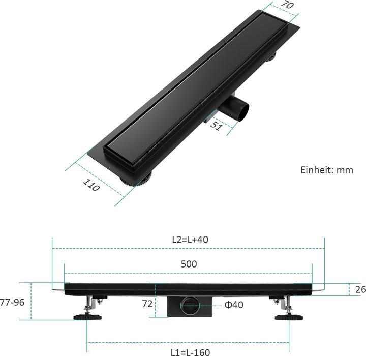 Actual product image Emke Stainless Steel Shower Drain Channel, Complete Set with Siphon+Odour Stop+Hair Catcher, 500cm, Black (500 mm)