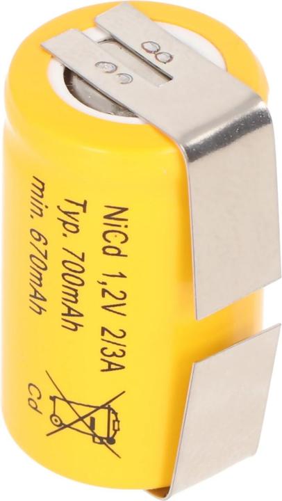 Actual product image AccuCell KR-600AE 2/3 A Cadnica battery with U-shaped solder tags (1 pcs., 700 mAh, Battery + charger)