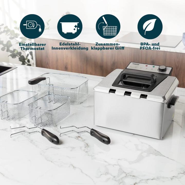 Image du produit Princess Friteuse - 3270 watts, 5 litres, thermostat, 3 paniers pour friteuse, zone froide, 6-7 personnes (Prise UE)