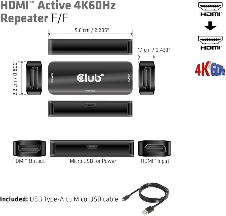 Immagine prodotto Club 3D Ripetitore Club3D HDMI > HDMI 4K60Hz attivo Bu/Bu al dettaglio (0.06 m)