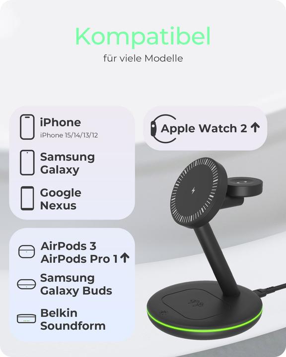 Produktbild Icy Box Ladestation induktiv/magnet. f. Smartphone/-watch/Inear-Kopfh?rer (15 W)