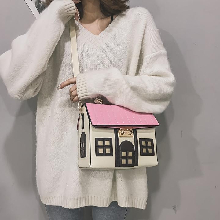 Actual product image Only-Bags.Store Charming messenger bag in the shape of a house - faux leather crossbody purse with geometric pattern