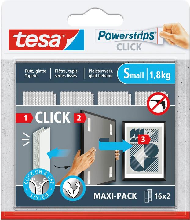 Produktbild tesa Powerstrips CLICK - Klett-Klebepads - Bilder aufhängen ohne Bohren - Small 1,8kg - 16 x 2 Stück