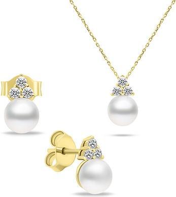 Brilio Timeless Gold Plated Genuine Pearl Jewelry Set SET228Y (Earrings, Necklace)