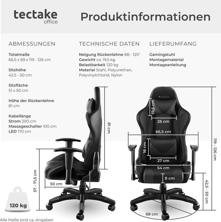 Actual product image tectake Gaming chair Tartaros, LED, massage function