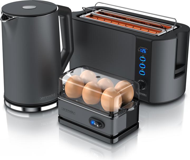 Produktbild Arendo Frühstücks Set, Wasserkocher 1,5l Temperaturwahl, 4 Scheiben Toaster & Eierkocher für 6 Eier, Grau