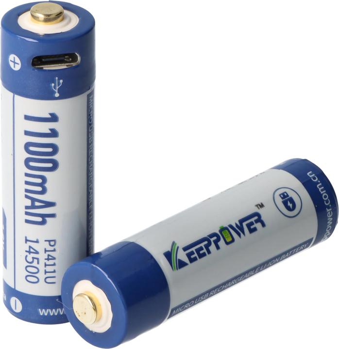 Actual product image Keeppower Li-ion Akku 14500 mit 1100mAh 3,7V, 50,3x14,2mm, mit USB Lademöglichkeit (1 pcs., AA, 1100 mAh, Rechargeable battery)