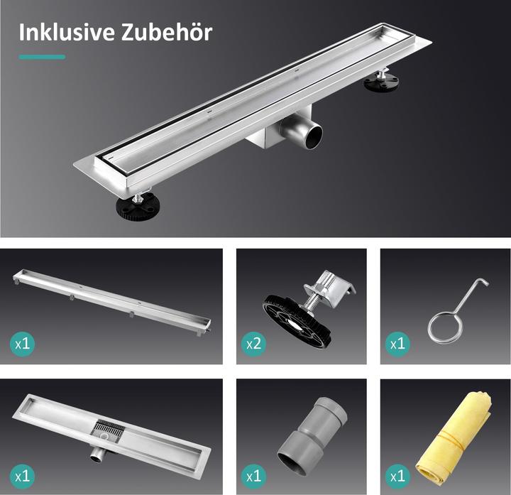 Actual product image Emke Duschrinne Edelstahl, Bodenablauf Komplettset Siphon mit Geruchsstop, Haarsieb, 500cm (500 mm)
