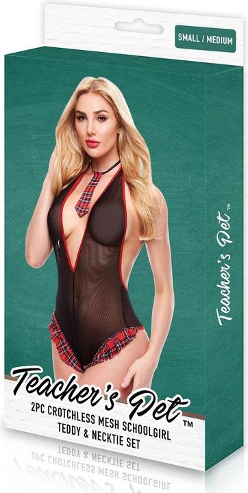 Actual product image Teacher's Pet 2 PC Crotchless MESH SCHOOLGIRL TEDDY & NECKTIE SET TARTAN (M)