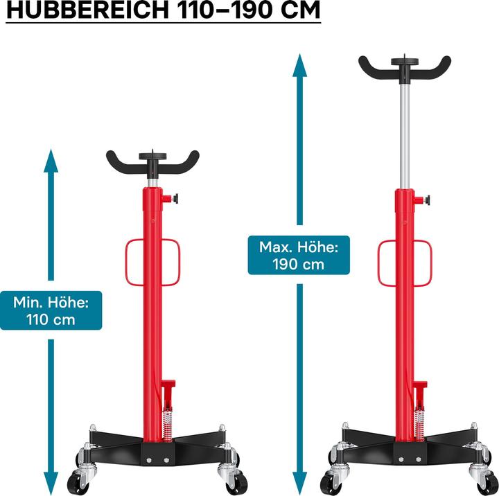 Produktbild Wiltec Getriebeheber mobil hydraulisch 500kg 110-190cm Rollen Aufnahmekralle Lkw