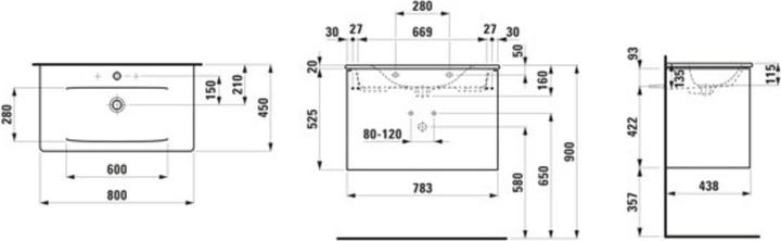 Actual product image Laufen Palace Set, washbasin, 1 tap hole, overflow, incl. base washbasin substructure, 2 drawers, 80