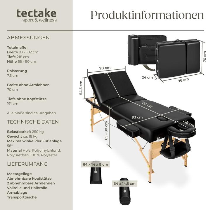 Actual product image tectake 3-zone massage table set Somwang with 7.5cm padding, castors and wooden frame