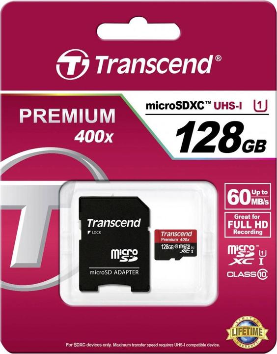 Actual product image Transcend microSDXC 400x with adapter (128 GB, microSDXC, U1, UHS-I)