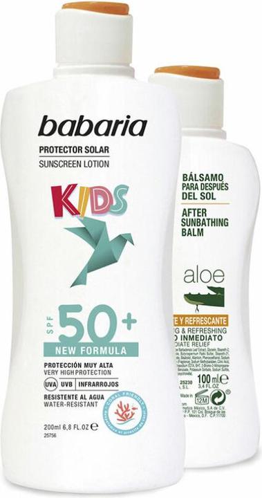 Immagine prodotto Babaria BAMBINI SPF50+ LECHE PROTECTORA RESISTENTE AL AGUA 200ML + BALSAMO ALOE 100ML (Crema solare, SPF 50, 200 ml)