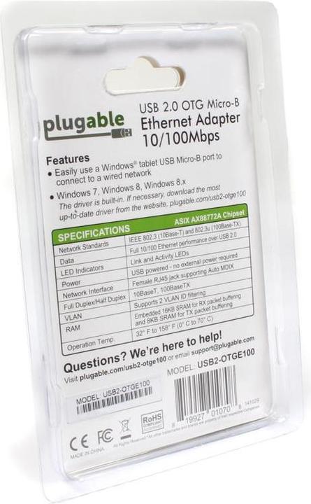 Image du produit Plugable Adaptateur USB OTG vers Ethernet (Micro USB, RJ45 (1x))