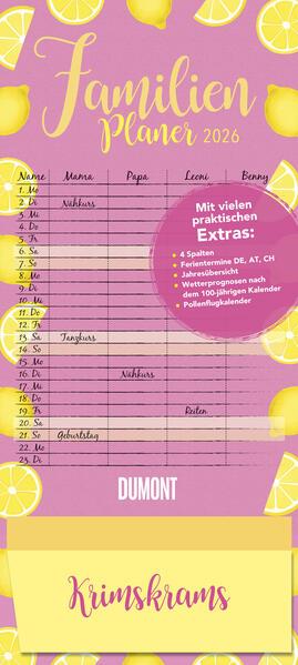 Produktbild Familienplaner Krimskrams mit Tasche 2026 - 4 Spalten - Familienkalender 22x49 cm - mit (22 x 49 cm, Deutsch)
