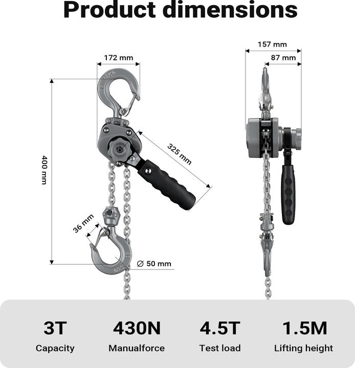 Produktbild Wiltec Mini Hebelzug bis 3t Handkettenzug 1,5m Hubhöhe Kettenzug Hebezeug