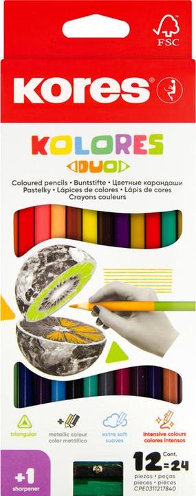 Actual product image Kores Coloured pencils ""DUO"", box of 12 + FREE sharpener incl. name field, made of lime wood with (multicolour, 12 x)