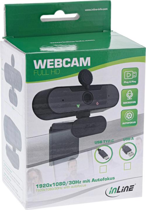 Produktbild InLine ® Webcam FullHD 1920x1080/30Hz mit Autofokus, USB Typ-C Anschlusskabel (2.10 Mpx)