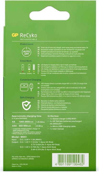 Produktbild GP Batteries ReCyko M451/270 4-Port USB Ladegerät inkl.4xAA NiMh 2600mAh (5 Stk., AA, 2600 mAh, Ladegerät inkl. Akku)