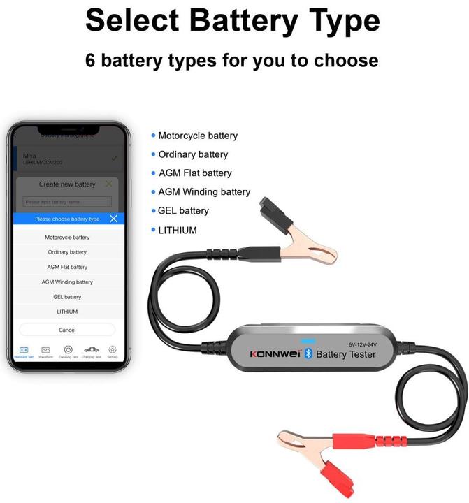 Produktbild Konnwei Bluetooth Batterietester für Auto, Motorrad und LKW BK200 6V/12V/24V""