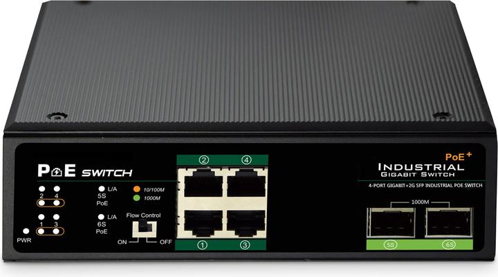 Produktbild Digitus Industrieller 4-Port Gigabit PoE+ Switch mit 2 x SFP Uplink (4 Ports)