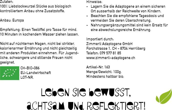 Nährwerte und Zutaten Zimmerli Adaptogene Liebstock Wurzel Tee (BIO) (100 g)
