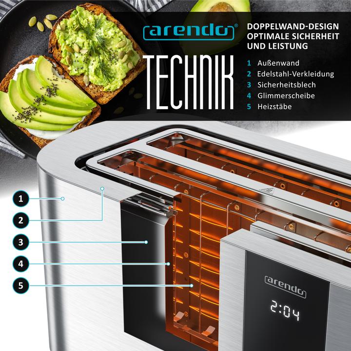 Image du produit Arendo Toaster Edelstahl 4 Scheiben Langschlitz, Touch Display, Restzeit & Bräunungsgradanzeige, 1500 W (Prise UE)