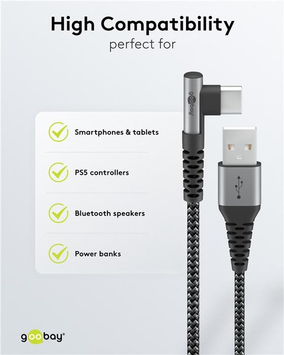 Produktbild Goobay USB-C-auf-USB-C-Textilkabel mit Metallsteckern spacegrau/silber, 90°, 1 m (1 m, USB 2.0)