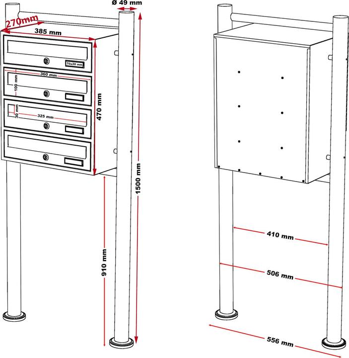 Produktbild Wiltec 4er Briefkastenanlage Anthrazit 270x513x1500mm Standbriefkasten Post