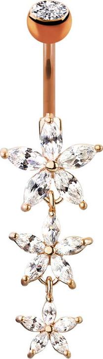 Star Piercing Banane rosegold mit Anhänger drei Kristallblumen (Messing, Chirurgenstahl 316L)
