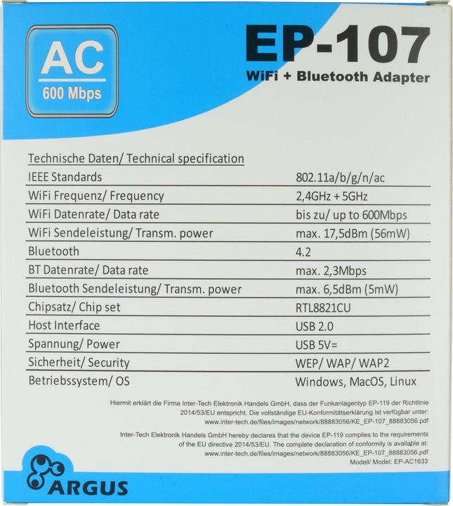 Energie-Label Intertec USB Adapter EP-107 Wi-Fi und BT4.2 NT Argus,USB2.0,600Mbps (USB 2.0)