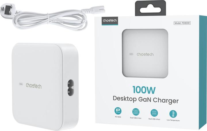 Image du produit Choetech PD8008 Chargeur rapide GaN 100W 2x USB-A / 2x USB-C - blanc (100 W)