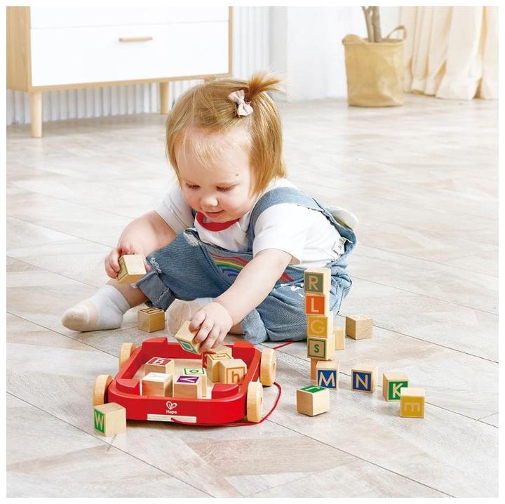 Actual product image Hape Letter blocks in the pull-along trolley