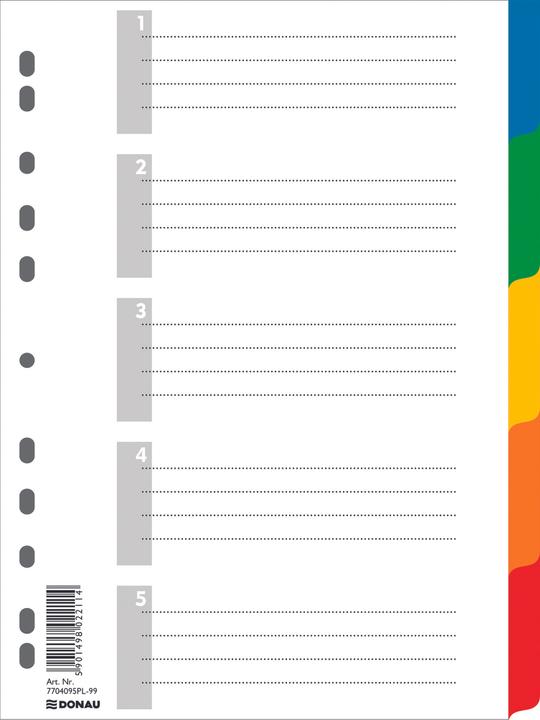 Actual product image Donau dividers, pp, a4, 225x297mm, 5+1 sheets, assorted colours