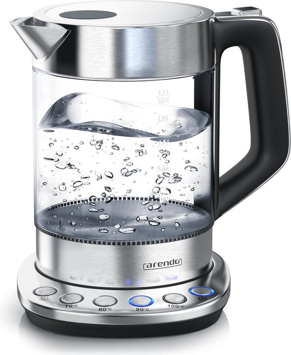 Arendo Bouilloire 1,5 l, 2200 W, acier inoxydable & verre avec base, réglage de la température 70° C - (1.50 l)