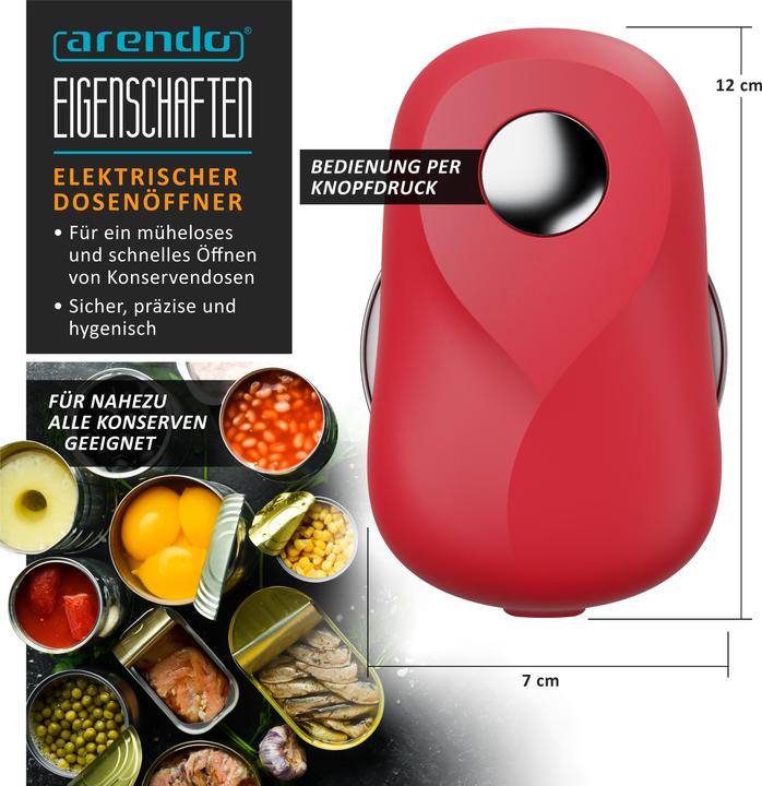 Produktbild Arendo Elektrischer Dosenöffner One Touch, automatische Drehung, für alle Dosen, ohne scharfe Kanten, rot