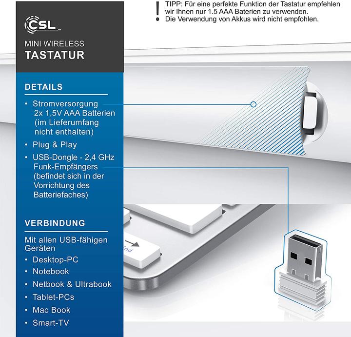 Produktbild CSL Wireless Tastatur, 2,4Ghz Slim Design Mini Keyboard, platzsparend, ergonomisch, Kabellos, silber (DE, Kabellos)